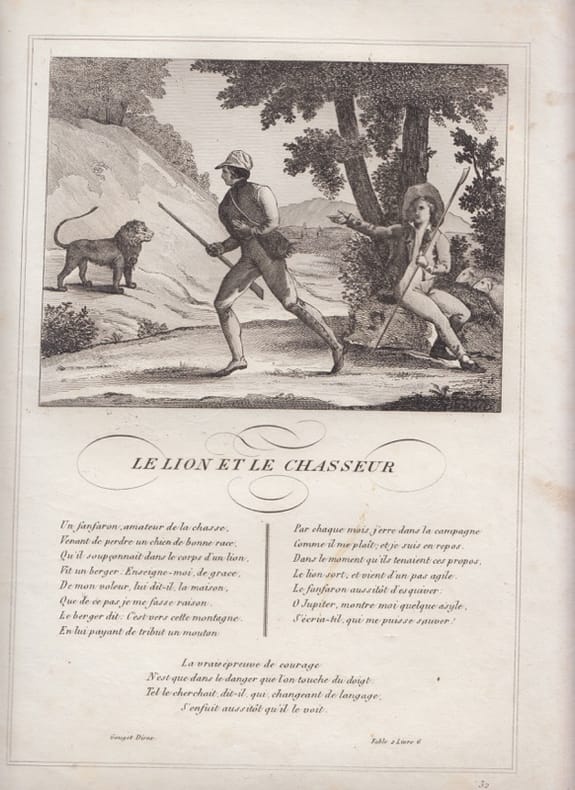 FABLE LE LION ET LE CHASSEUR - GRAVURE authentique-original print Edition Taille Douce. Jean De LA FONTAINE