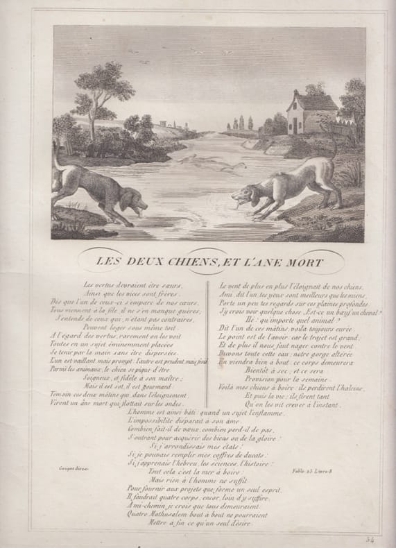 FABLE LES DEUX CHIENS ET L' ANE MORT - GRAVURE authentique-original print Edition Taille Douce. Jean De LA FONTAINE