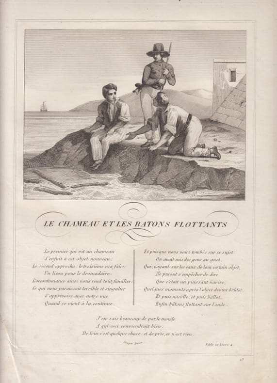 FABLE LE CHAMEAU et Les BATONS FLOTTANTS - GRAVURE authentique-original print Edition Taille Douce. Jean De LA FONTAINE
