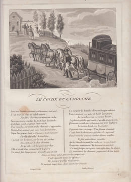 FABLE LE COCHE ET LA MOUCHE - GRAVURE authentique-original print Edition Taille Douce. Jean De LA FONTAINE
