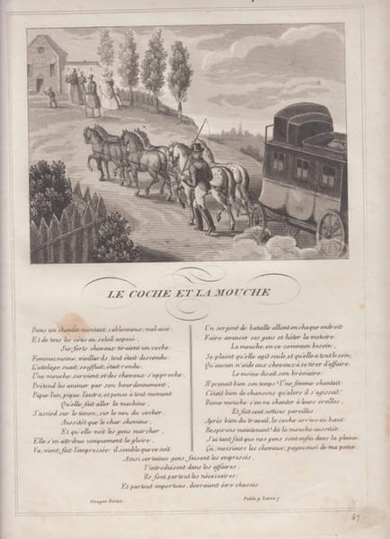 FABLE LE COCHE ET LA MOUCHE - GRAVURE authentique-original print Edition Taille Douce. Jean De LA FONTAINE