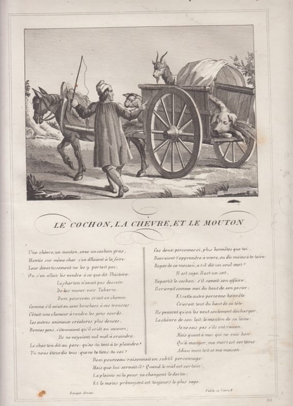 FABLE LE COCHON ,LA CHEVRE ET LE MOUTON - GRAVURE authentique-original print Edition Taille Douce. Jean De LA FONTAINE
