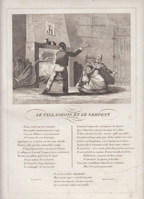 FABLE LE VILLAGEOIS ET LE SERPENT - GRAVURE authentique-original print Edition Taille Douce. Jean De LA FONTAINE