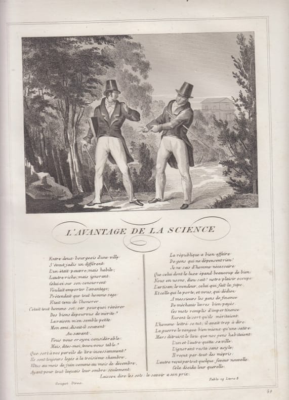 FABLE L' AVANTAGE DE LA SCIENCE - GRAVURE authentique-original print Edition Taille Douce. Jean De LA FONTAINE