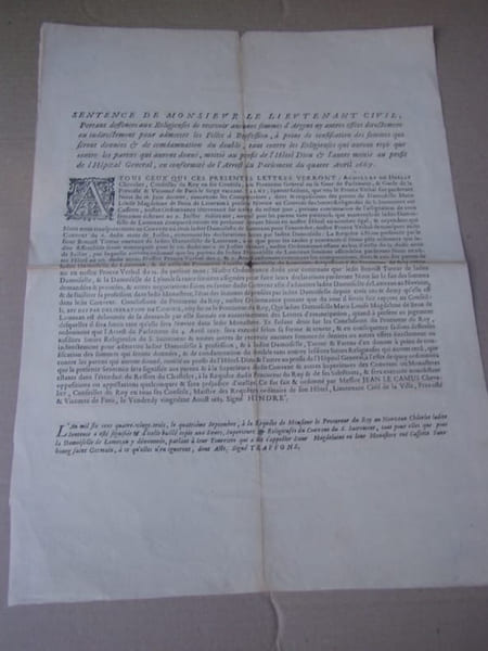 Sentence de monsieur le lieutenant civil portant deffenses aux Religieuses de recevoir aucunes femmes d'argent ....affiche. JEAN LE CAMUS - HINDRE