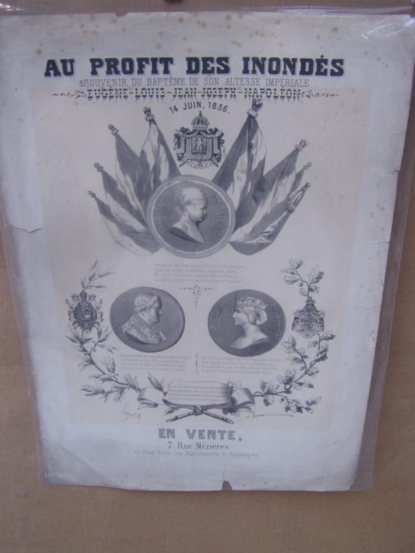 AU PROFIT DES INONDES - Affiche en souvenir du bapteme de son altesse impériale Eugene Louis Jean NAPOLEON - 14 juin 1856. NAPOLEON III