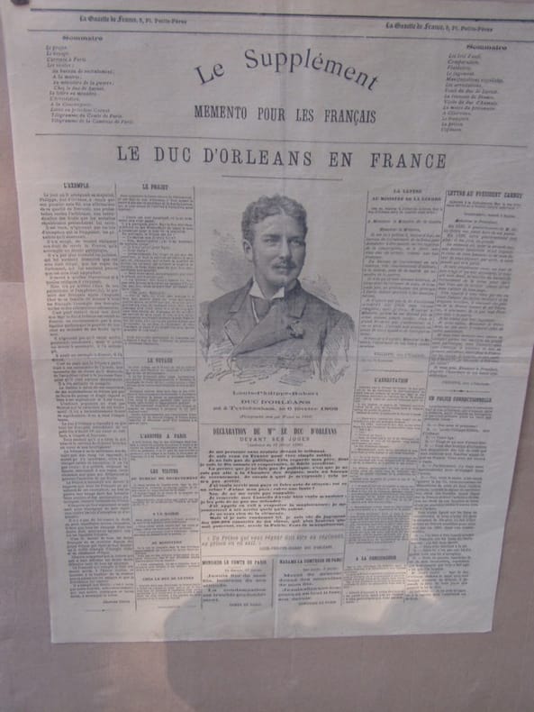 la Gazette de France,1890 - le Supplement : le duc d' Orleans en France - Affiche . la Gazette de France,1890