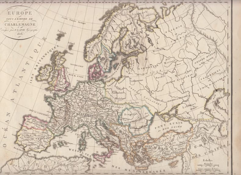 Europe sous l'empire de Charlemagne - Carte g&eacute;ographique. Lapie, Pierre