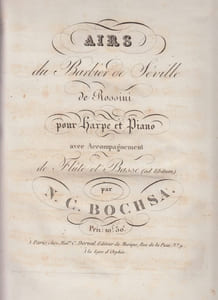Airs du Barbier de Seville de Rossini ; pour piano et harpe par N.C. Bochsa avec accompagnement de flute et basse (ad libitum)