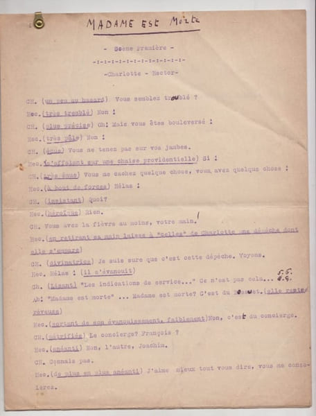 MADAME EST MORTE - TAPUSCRIT in&eacute;dit, th&eacute;atre ; avec corrections autographes. LA JEUNESSE Ernest.[ Pseudonyme de Ernest L&eacute;on LAJEUNESSE-CA&Euml;N , Ecrivain ...