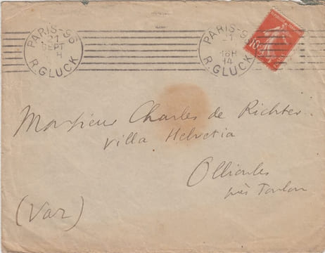 Lettre manuscrite autographe signée,adressée à Charles de Richter -Lettre autographe signée à Charles de Richter,1914 une feuille recto + enveloppe à ...