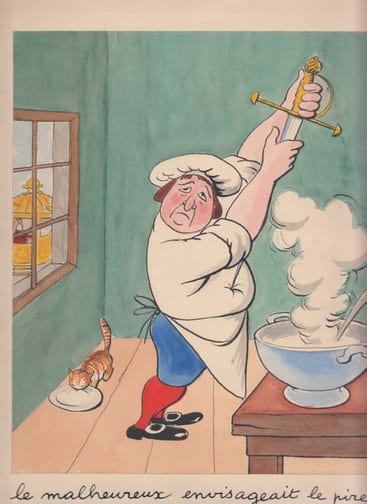 Le Roi et l'Oiseau La Bergère et le Ramoneur (1953) dessin d'animation - 2 aquarelles originales, collées recto verso sur la meme feuille ; le cuisinier etc ; avec beaux textes manuscrits à l'encre