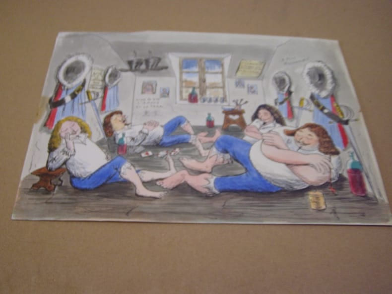 Les 4 mousquetaires vive le vin...- dessin d'animation -  aquarelle originale avec texte manuscrit. Henri Lacam / Paul Grimault