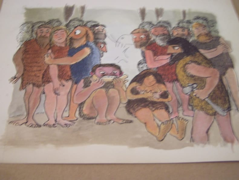 LES HOMMES ET FEMMES PREHISTORIQUES, dessin d'animation -  aquarelle originale. Henri Lacam / Paul Grimault