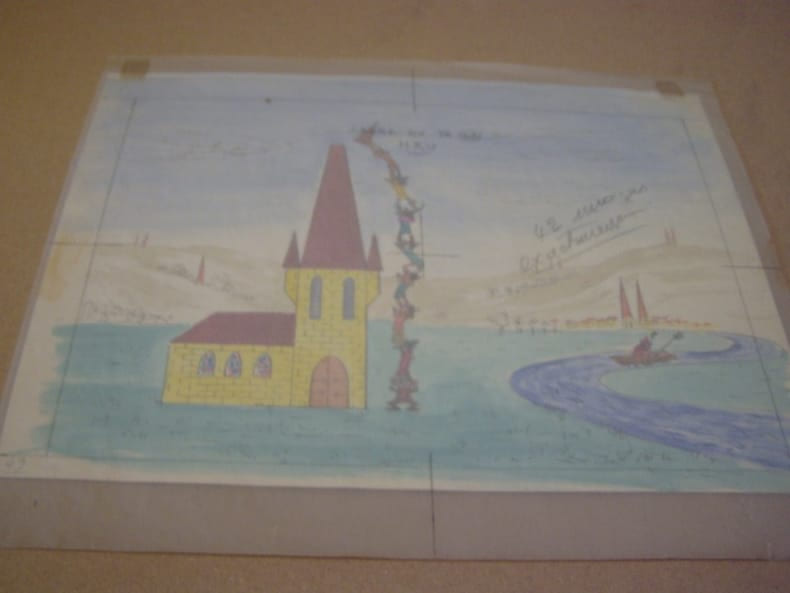 LA TOUR HUMAINE - dessin d'animation -  aquarelle originale sous calque . Henri Lacam / Paul Grimault