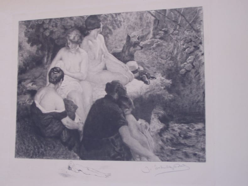 Les baigneuses au bois, Eau-forte originale sign&eacute;e de Schultz Dal, Eau-forte d'apr&egrave;s Herve Jules. . Schultz-dal Jacques; J. G. Schultz-Dal / Herve ...