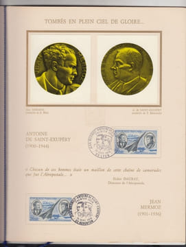 A la gloire des pionniers de l'Aeropostale : Antoine de Saint Exupéry, Jean Mermoz,PLAQUETTE ARTISTIQUE PHILATELIQUE. Philatelux,