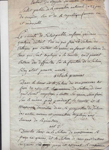 R&eacute;coltes - Salaire des citoyens - Manuscrit. Comit&eacute; de Salut Public