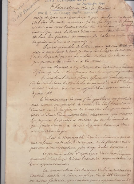 Observations sur la Marine 10 septembre 1799 - Manuscrit. Jean-Baptiste Raymond de Lacrosse (Contre-amiral) 