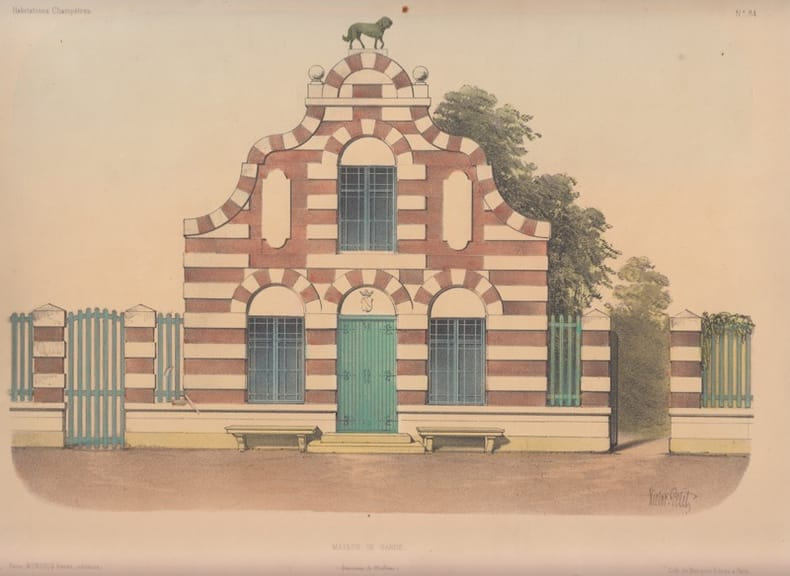 Maison de garde - Habitations champ&ecirc;tres N&deg;84.- Lithographie originale colori&eacute;e sur blanc. Petit, Victor
