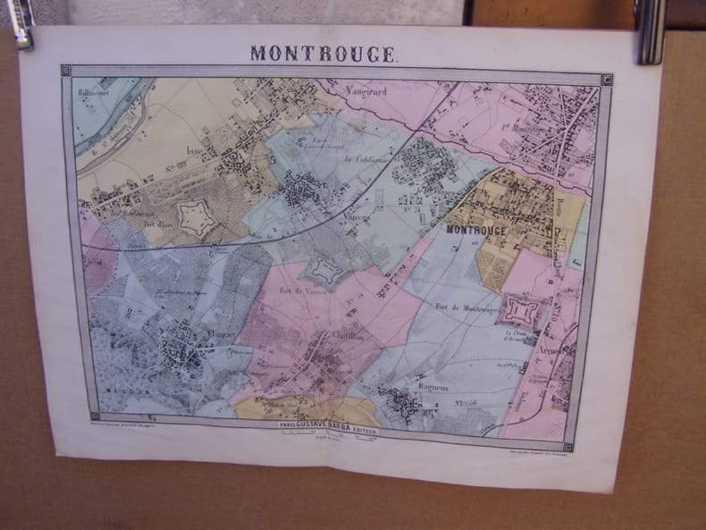 Montrouge,carte topographique couleurs sur double page dessin&eacute;e et grav&eacute;es par EHRARD, tir&eacute;e de l'Histoire des environs du nouveau Paris.. LA ...