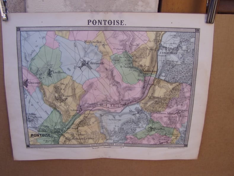 Pontoise,,carte topographique couleurs sur double page dessin&eacute;e et grav&eacute;es par EHRARD, tir&eacute;e de l'Histoire des environs du nouveau Paris.. LA ...