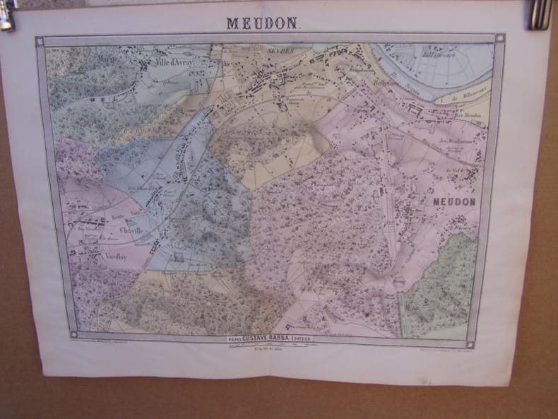  Meudon,,carte topographique couleurs sur double page dessinée et gravées par EHRARD, tirée de l'Histoire des environs du nouveau Paris.. LA ...