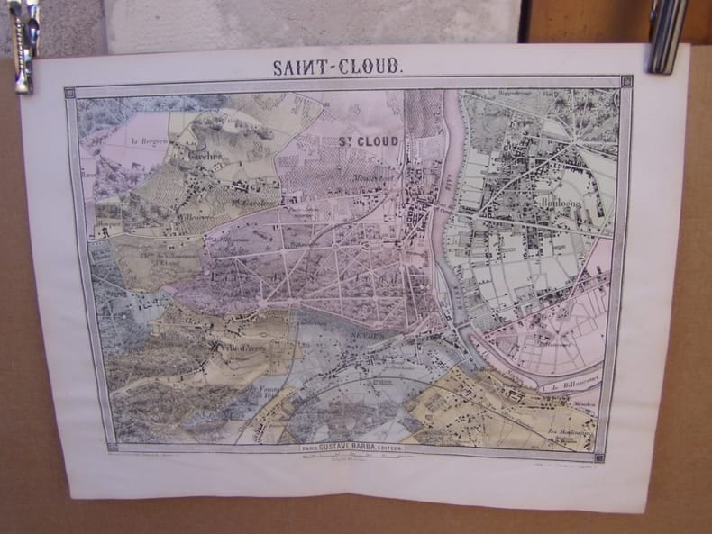Saint-Cloud,,carte topographique couleurs sur double page dessin&eacute;e et grav&eacute;es par EHRARD, tir&eacute;e de l'Histoire des environs du nouveau Paris.. LA ...