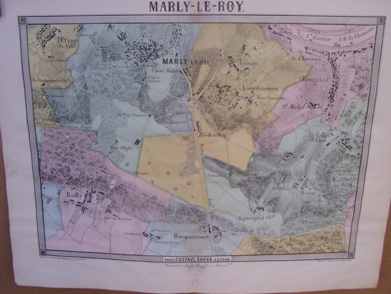 Marly-le-Roi,,carte topographique couleurs sur double page dessin&eacute;e et grav&eacute;es par EHRARD, tir&eacute;e de l'Histoire des environs du nouveau Paris.. LA ...