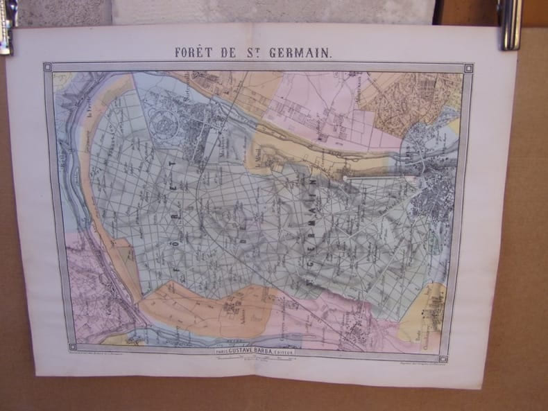 For&ecirc;t de St-Germain,,carte topographique couleurs sur double page dessin&eacute;e et grav&eacute;es par EHRARD, tir&eacute;e de l'Histoire des environs du nouveau Paris.. ...