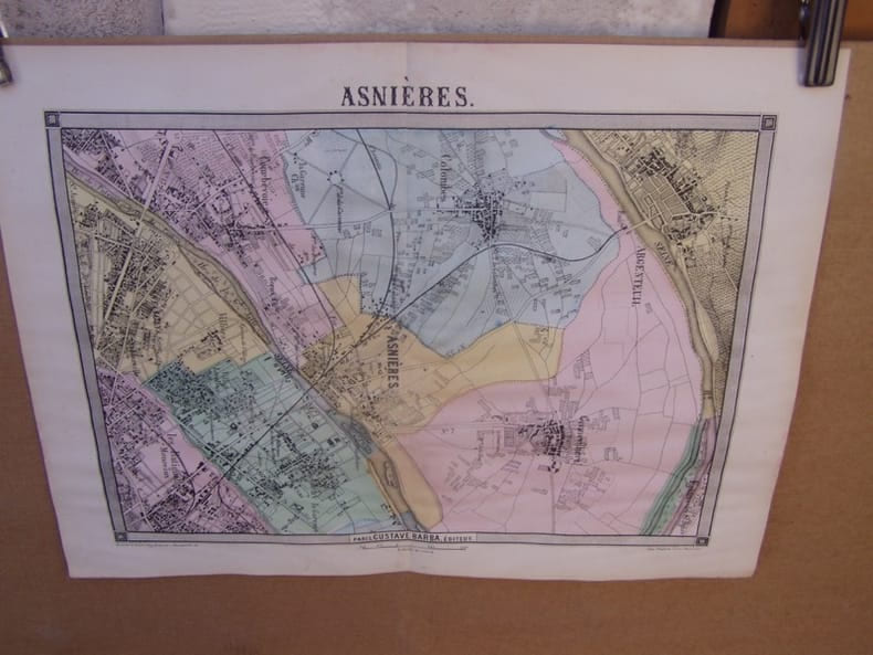 Asni&egrave;res,,carte topographique couleurs sur double page dessin&eacute;e et grav&eacute;es par EHRARD, tir&eacute;e de l'Histoire des environs du nouveau Paris.. LA ...