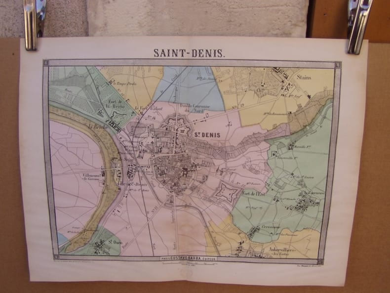 Saint-Denis,,carte topographique couleurs sur double page dessin&eacute;e et grav&eacute;es par EHRARD, tir&eacute;e de l'Histoire des environs du nouveau Paris.. LA ...