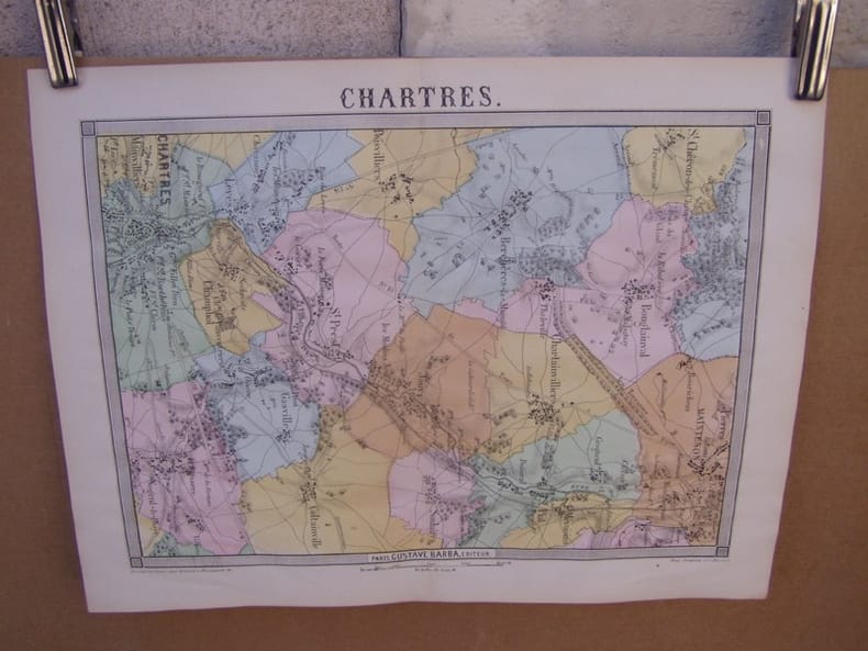 Chartres,carte topographique couleurs sur double page dessinée et gravées par EHRARD, tirée de l'Histoire des environs du nouveau Paris.. LA ...