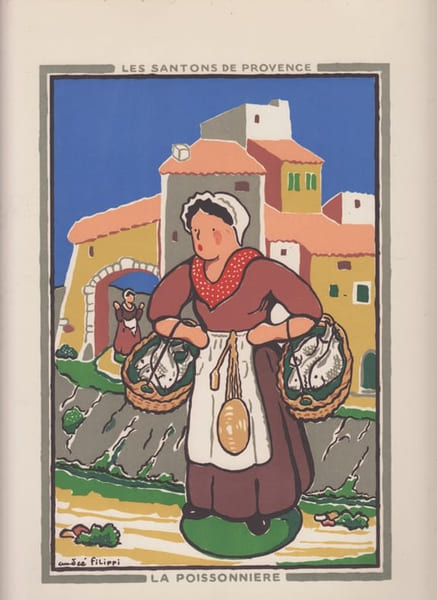 LA POISSONNIERE- gravure  originale sur bois en couleur -  santons de Provence grav&eacute; par Andr&eacute; Filippi,Santonnier-Ymagier. Andr&eacute; Filippi 