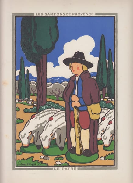 LE PATRE - gravure  originale  sur bois en couleur -  santons de Provence grav&eacute; par Andr&eacute; Filippi,Santonnier-Ymagier.. Andr&eacute; Filippi 