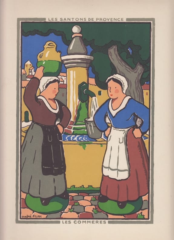 LES COMMERES -gravure sur bois en couleur -  santons de Provence gravé par André Filippi,Santonnier-Ymagier. André Filippi 