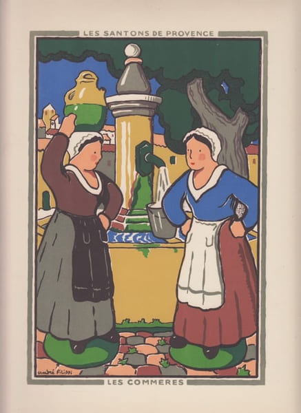 LES COMMERES -gravure originale sur bois en couleur -  santons de Provence grav&eacute; par Andr&eacute; Filippi,Santonnier-Ymagier. Andr&eacute; Filippi 