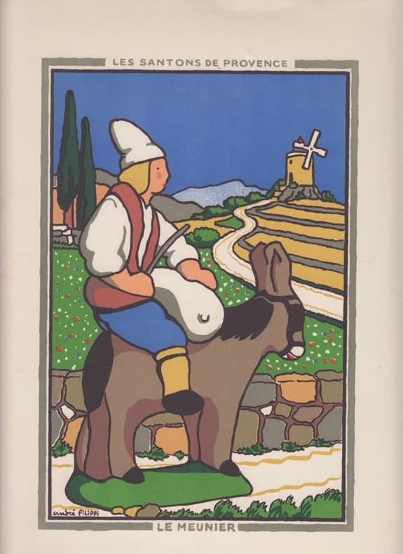 LE MEUNIER - gravure sur bois en couleur -  santons de Provence gravé par André Filippi,Santonnier-Ymagier. André Filippi 