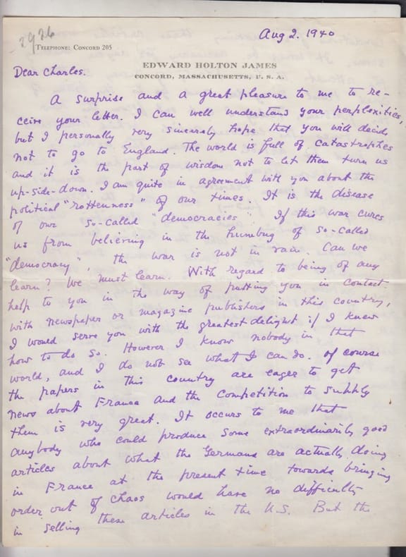 Lettre manuscrite de 2 pages, adressée à Charles de Richter (1887-1975).. Edward Holton James