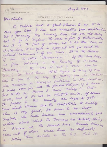 Lettre manuscrite de 2 pages, adress&eacute;e &agrave; Charles de Richter (1887-1975).. Edward Holton James