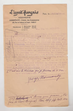 Lettre tapuscrite inédite corrigée ,en réponse à l'enquete sur la Cote d'Azur. Georges NORMANDY
