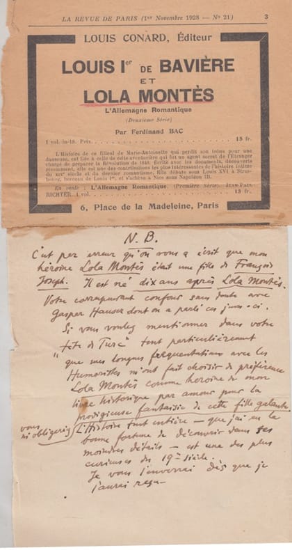 Lettre autographe non signée à propos de Louis Ier de Bavière et Lola Montés. Ferdinand BAC - [Stuttgart 1859 - Compiègnes 1952] Ferdinand-Sigismond ...