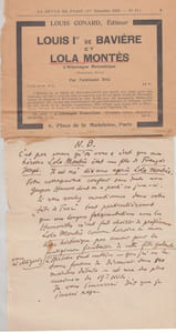 Lettre autographe non signée à propos de Louis Ier de Bavière et Lola Montés