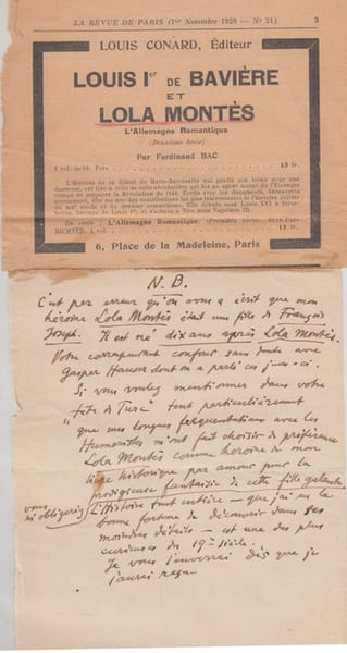 Lettre autographe non sign&eacute;e &agrave; propos de Louis Ier de Bavi&egrave;re et Lola Mont&eacute;s. Ferdinand BAC - [Stuttgart 1859 - Compi&egrave;gnes 1952] Ferdinand-Sigismond ...