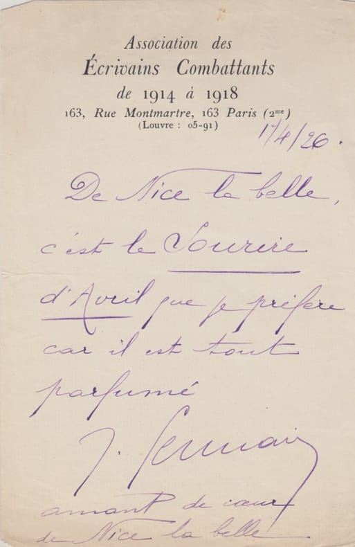 Lettre autographe signée à Charles de Richter, propos de de son questionnaire sur la Riviera,Nice. GERMAIN JOSE