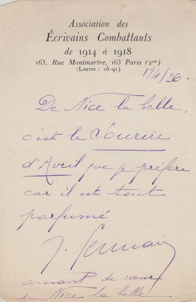 Lettre autographe sign&eacute;e &agrave; Charles de Richter, propos de de son questionnaire sur la Riviera,Nice. GERMAIN JOSE