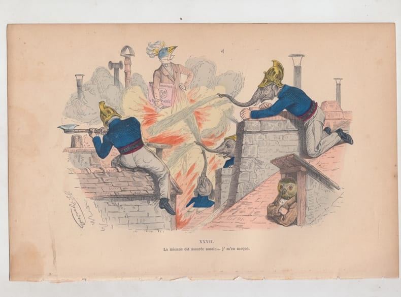 LES METAMORPHOSES DU JOUR : GRAVURE ANCIENNE COULEURS CARICATURE - "Pompiers : La mienne est assur&eacute;e aussi, j' m'en moque". . GRANDVILLE ...