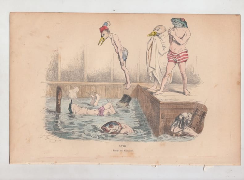 LES METAMORPHOSES DU JOUR : GRAVURE ANCIENNE COULEURS CARICATURE - ECOLE DE NATATION . GRANDVILLE (Jean-Ignace-Isidore G&eacute;rard, dit).