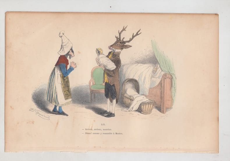 LES METAMORPHOSES DU JOUR : GRAVURE ANCIENNE COULEURS CARICATURE - Arrivez,arrivez nourrice.... GRANDVILLE (Jean-Ignace-Isidore G&eacute;rard, dit).