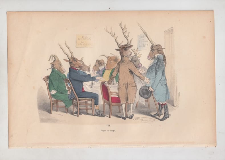 LES METAMORPHOSES DU JOUR (ou les Hommes &agrave; t&ecirc;tes de B&ecirc;tes.) : GRAVURE ANCIENNE COULEURS CARICATURE - REPAS DE CORPS. GRANDVILLE (Jean-Ignace-Isidore ...